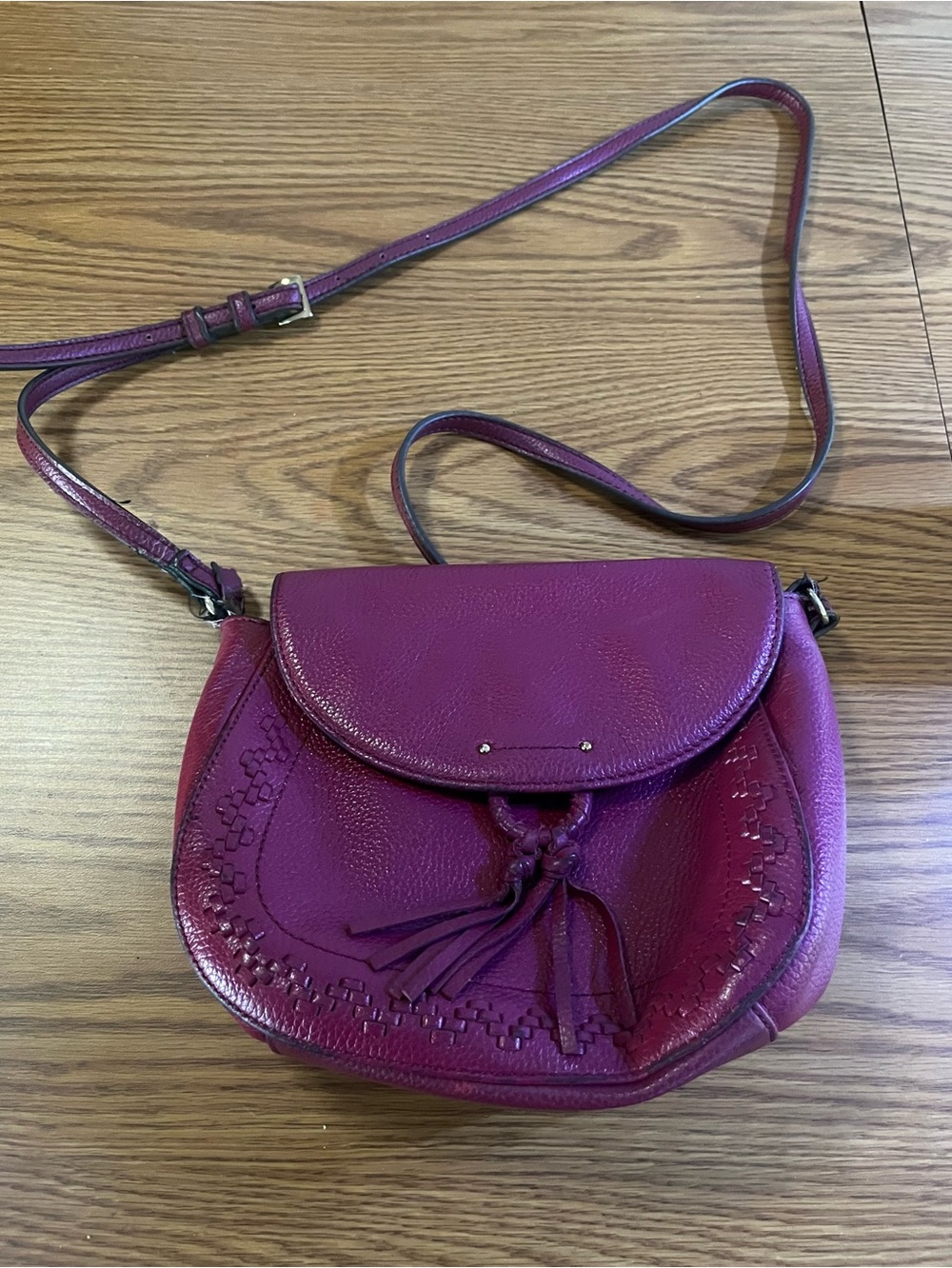 Tignanello Crossbody Saddle Bag in Berry Purple Pink - Stylish Tassel Detail